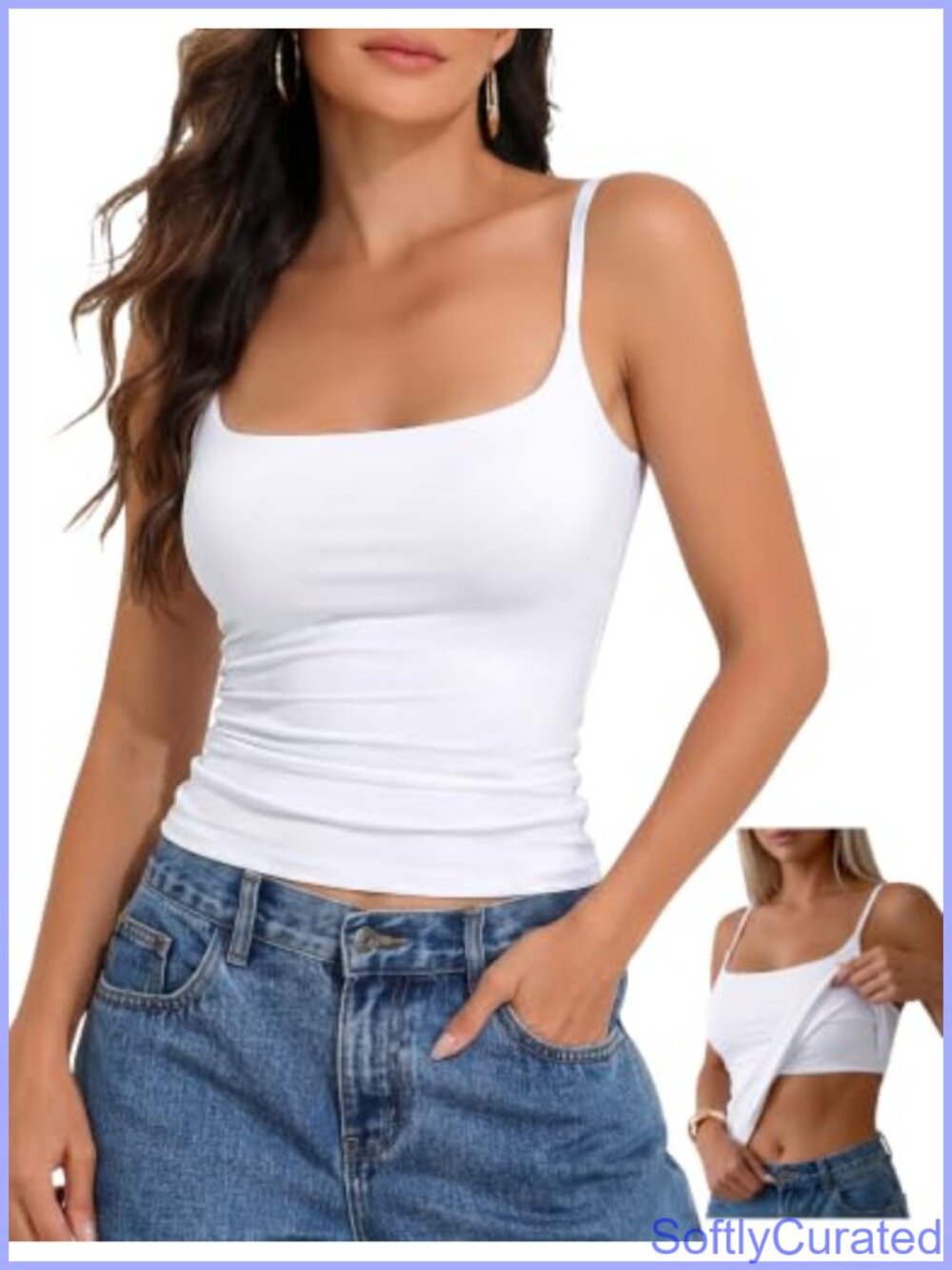 Cotton Square Neck Cami Tank Top with Built-in Shelf Bra Slim Fit